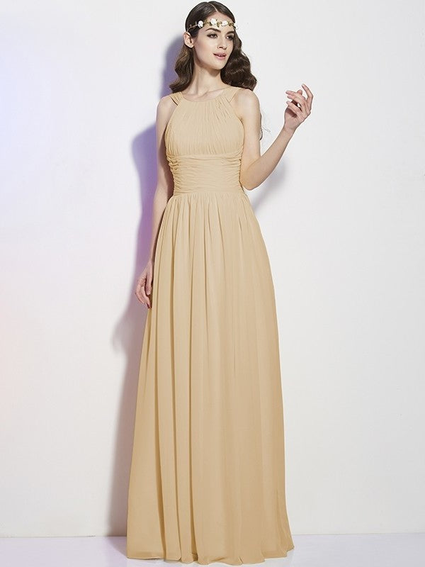 Bateau Long Pleats A-Line/Princess Sleeveless Chiffon Bridesmaid Dresses