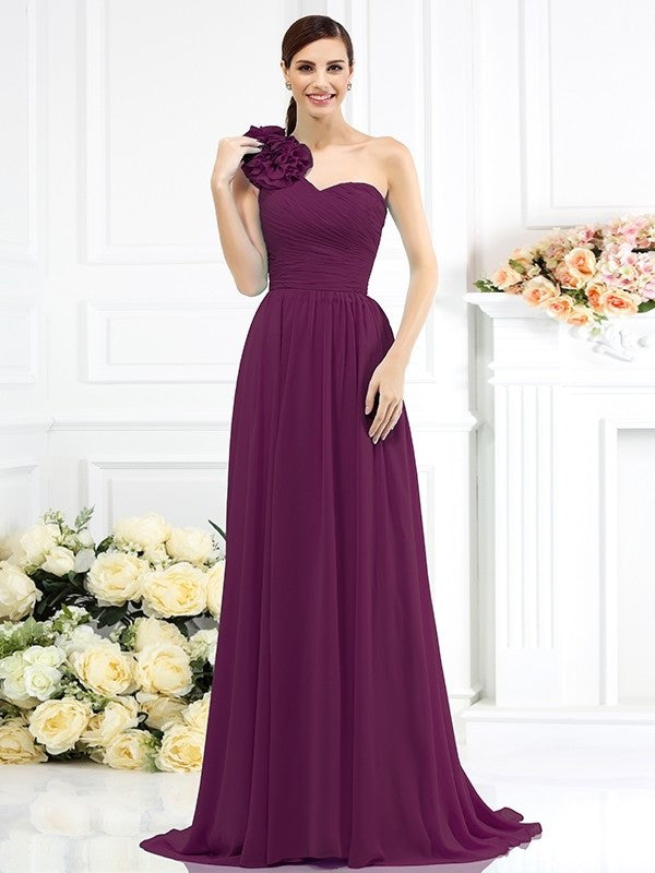 Pleats Long A-Line/Princess One-Shoulder Sleeveless Chiffon Bridesmaid Dresses