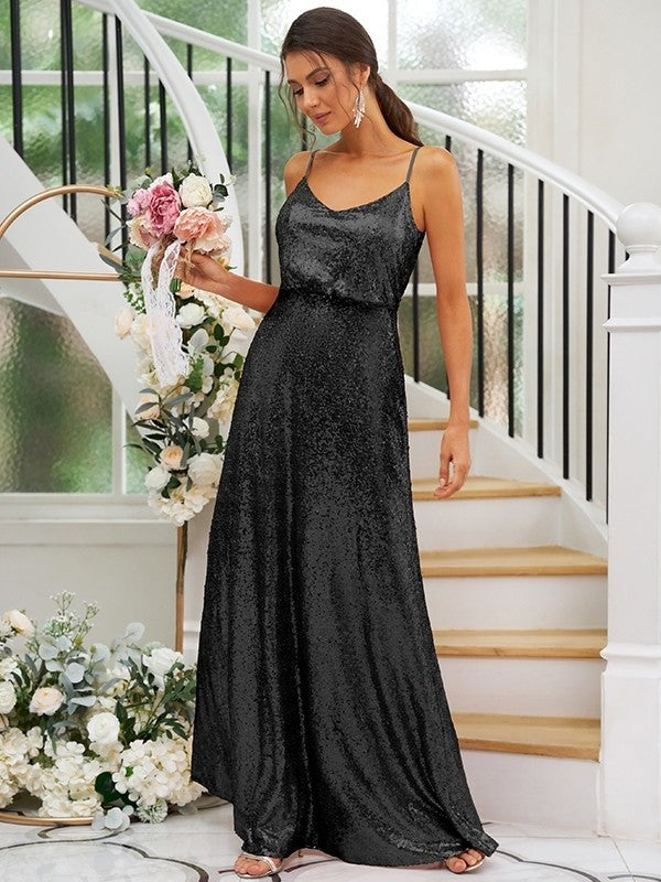 Ruched Sequins Sleeveless A-Line/Princess Straps Floor-Length Bridesmaid Dresses