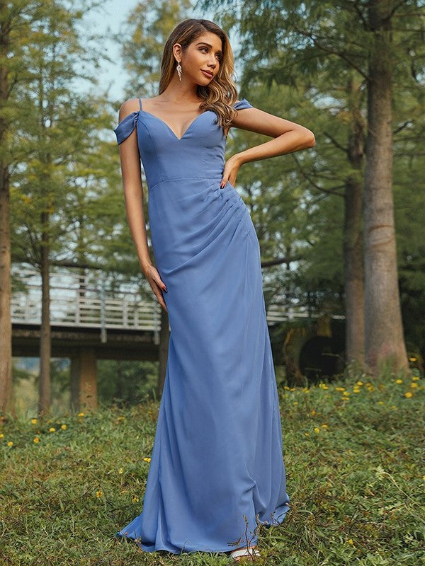 Ruched Sleeveless Chiffon V-neck Sheath/Column Floor-Length Bridesmaid Dresses