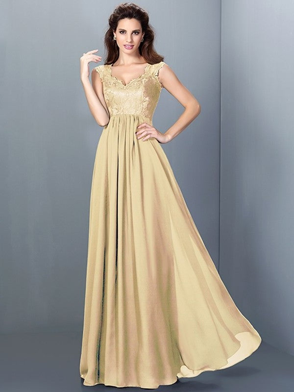 Scoop Long A-Line/Princess Lace Sleeveless Chiffon Bridesmaid Dresses