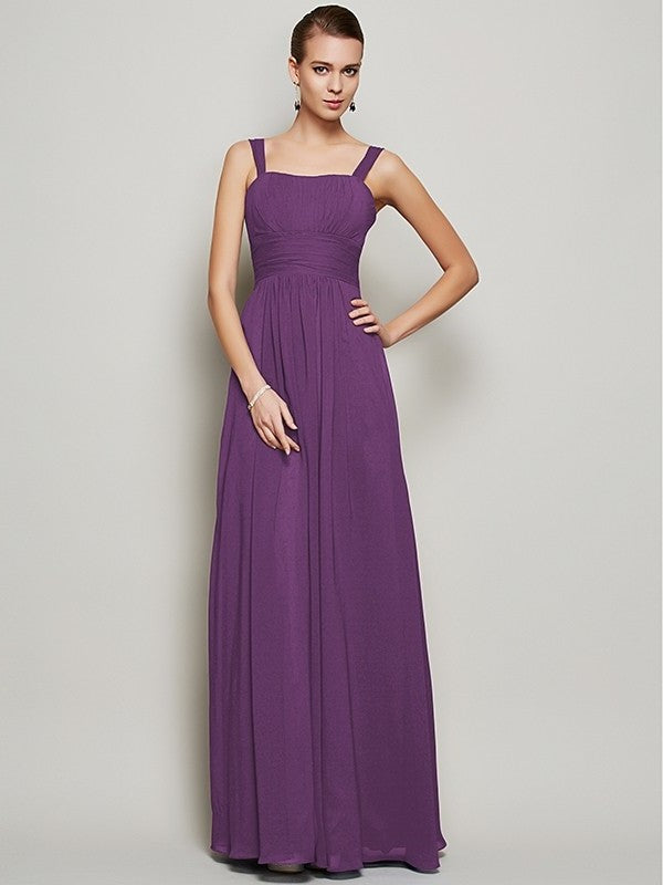 Straps Pleats Sheath/Column Sleeveless Long Chiffon Bridesmaid Dresses