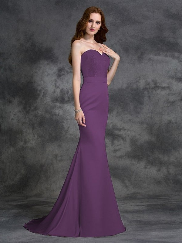 Sweetheart Beading Trumpet/Mermaid Sleeveless Satin Long Chiffon Bridesmaid Dresses