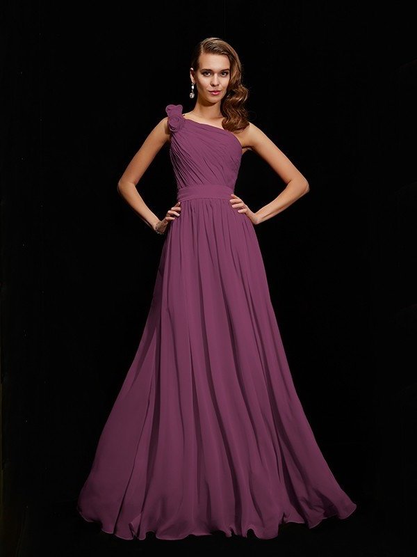 A-Line/Princess Hand-Made Sleeveless Flower One-Shoulder Long Chiffon Bridesmaid Dresses