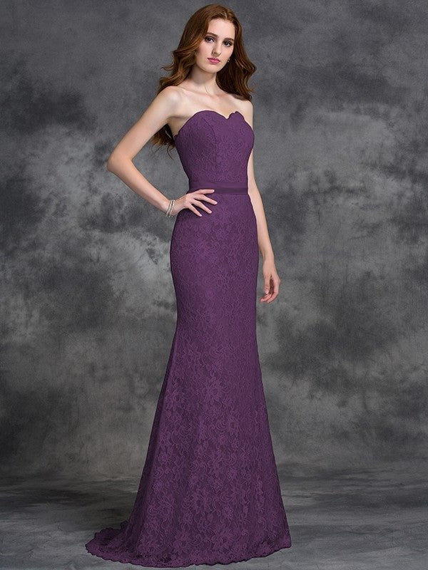 Applique Sweetheart Long Sleeveless Trumpet/Mermaid Satin Bridesmaid Dresses