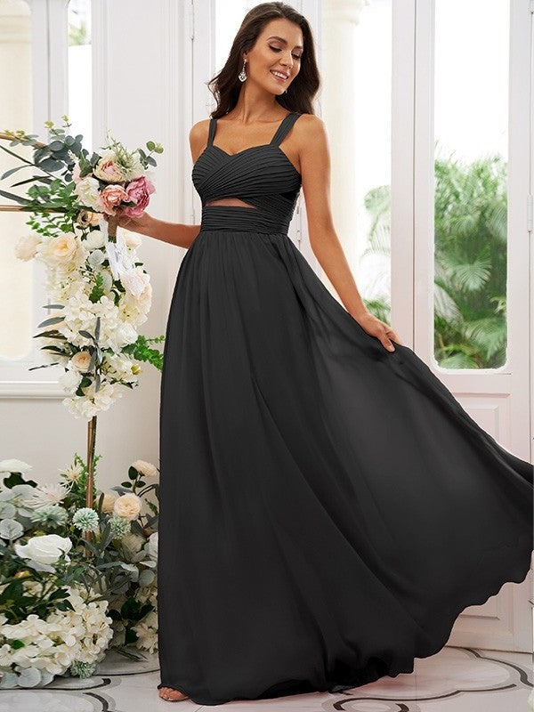 A-Line/Princess Sleeveless Straps Chiffon Ruched Floor-Length Bridesmaid Dresses