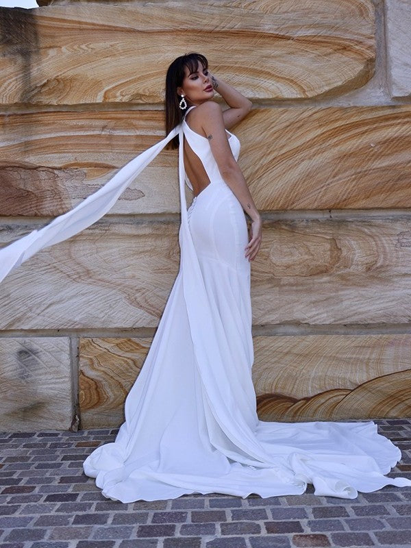 Stretch Ruffles Trumpet/Mermaid Halter Crepe Court Sleeveless Train Wedding Dresses