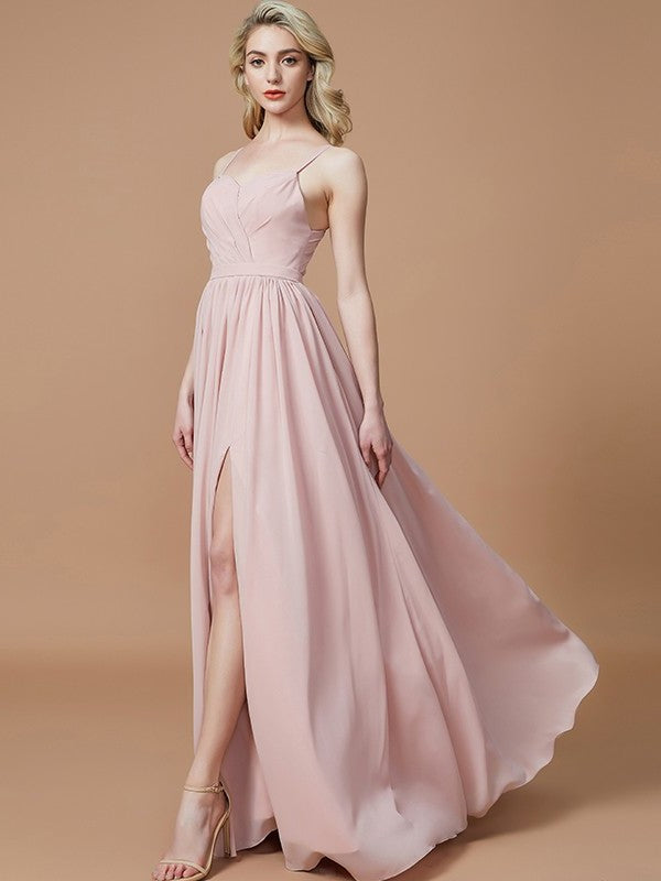 A-Line/Princess Ruched Spaghetti Sleeveless Floor-Length Straps Chiffon Bridesmaid Dresses