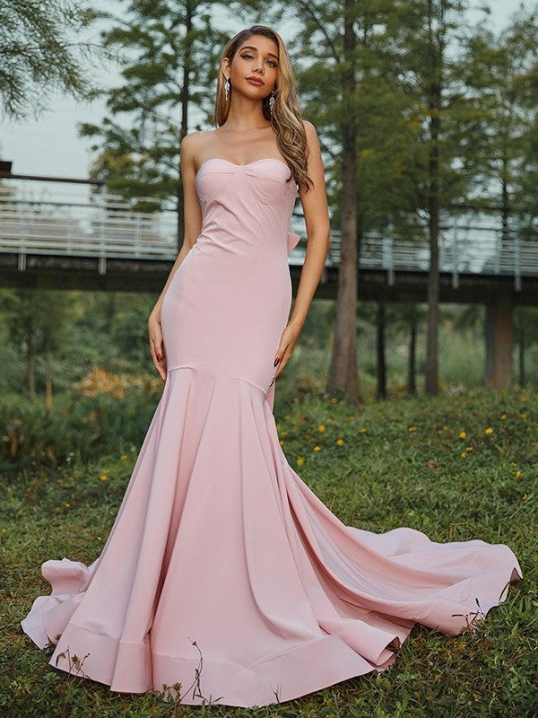 Crepe Sweetheart Bowknot Sweep/Brush Trumpet/Mermaid Sleeveless Stretch Train Bridesmaid Dresses