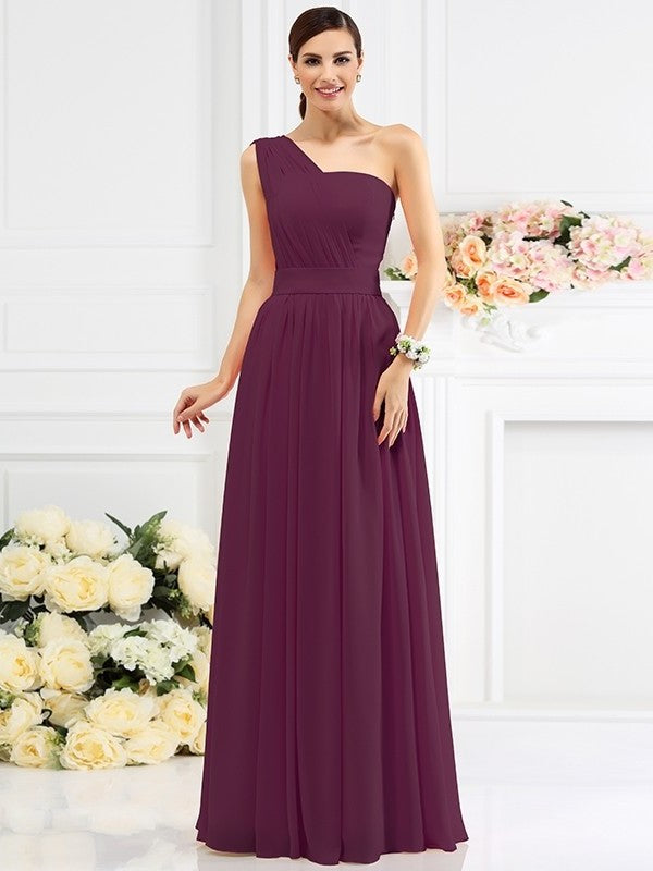 One-Shoulder Pleats A-Line/Princess Long Sleeveless Chiffon Bridesmaid Dresses