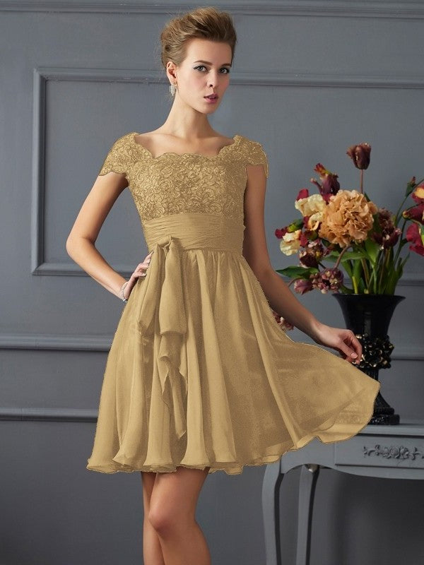 Sleeves Scoop A-Line/Princess Lace Short Short Chiffon Bridesmaid Dresses