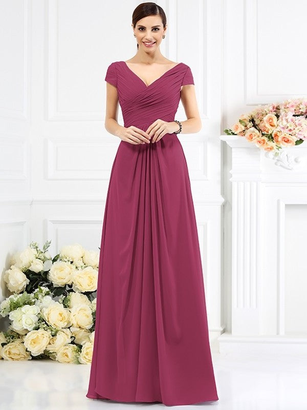 Long Pleats A-Line/Princess Short V-neck Sleeves Chiffon Bridesmaid Dresses