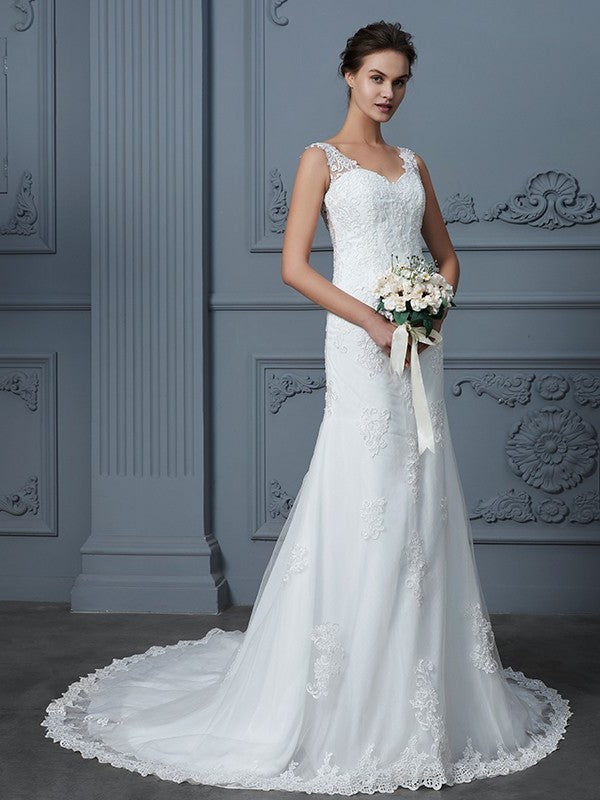 Trumpet/Mermaid Lace Sleeveless V-neck Train Court Tulle Wedding Dresses