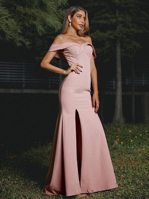 Sleeveless Stretch Ruffles Crepe Sweep/Brush Off-the-Shoulder Sheath/Column Train Bridesmaid Dresses