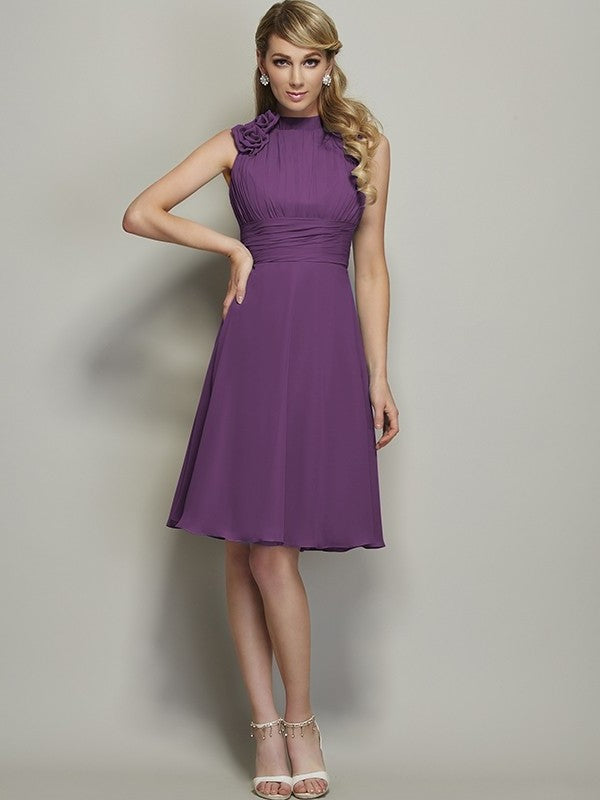 Pleats High Short A-Line/Princess Sleeveless Neck Chiffon Bridesmaid Dresses