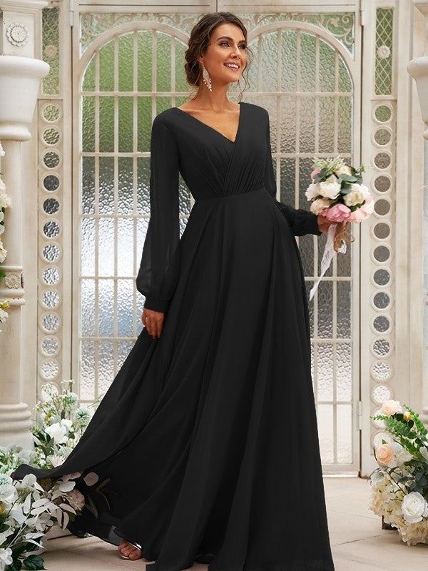 Chiffon Ruched Long V-neck Sleeves A-Line/Princess Floor-Length Bridesmaid Dresses