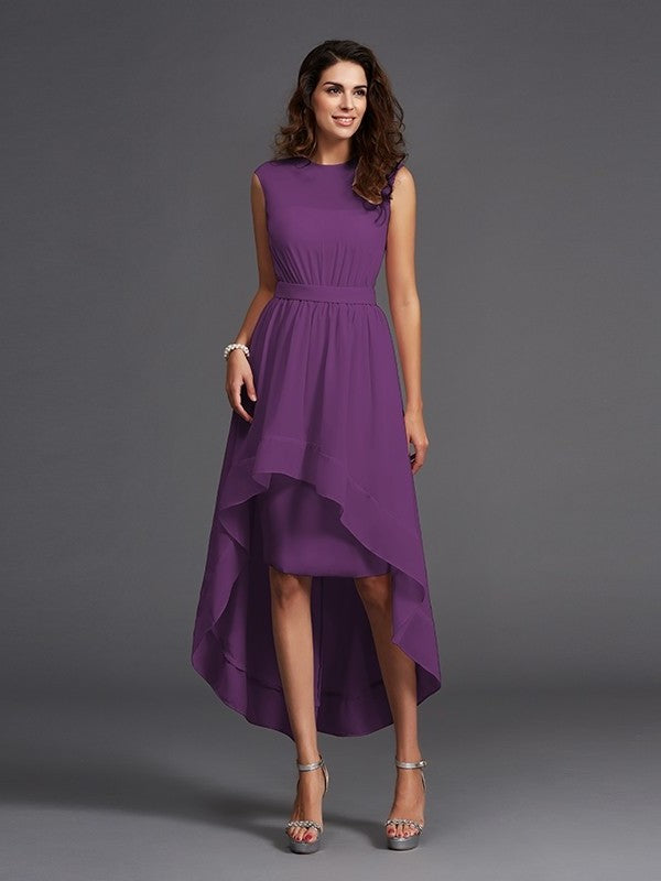 High Scoop Sash/Ribbon/Belt Sleeveless A-Line/Princess Low Chiffon Bridesmaid Dresses