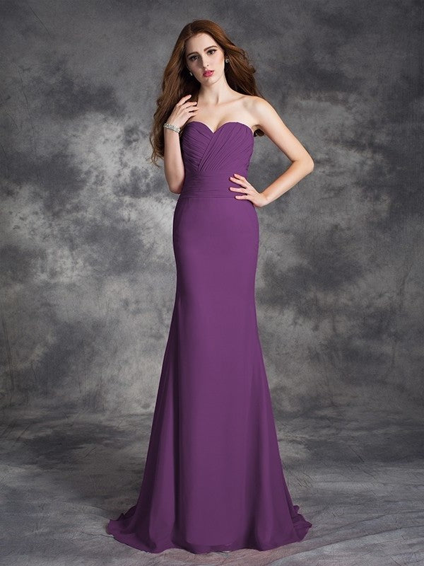 Sleeveless Ruched Trumpet/Mermaid Long Sweetheart Chiffon Bridesmaid Dresses