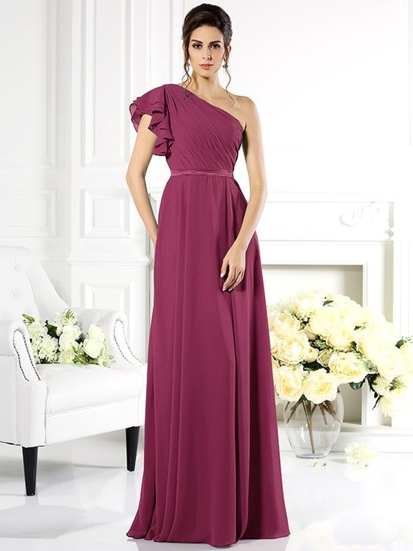 Sleeveless One-Shoulder Ruffles A-Line/Princess Long Chiffon Bridesmaid Dresses