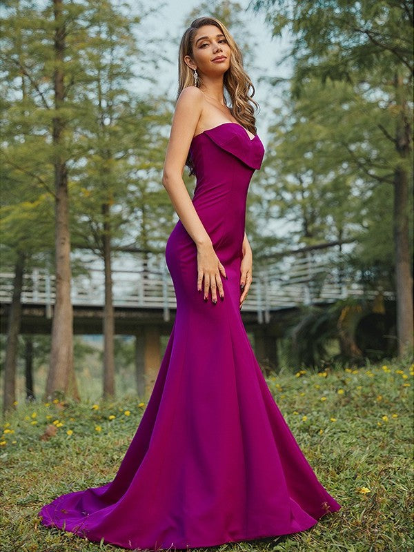 Sheath/Column Sweep/Brush Ruched Sleeveless Stretch Sweetheart Crepe Train Bridesmaid Dresses