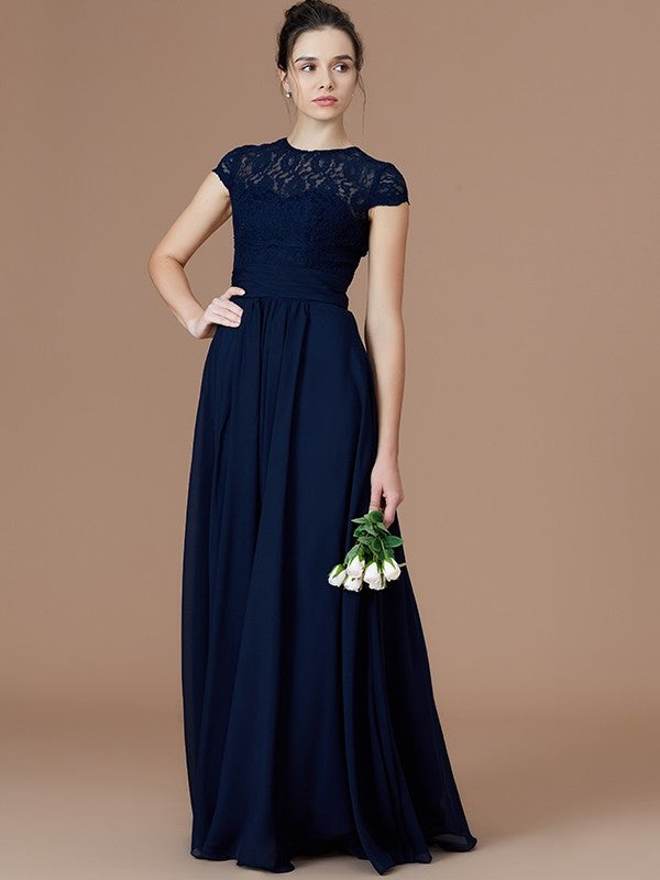 Floor-Length Sleeves Lace A-Line/Princess Short Jewel Chiffon Bridesmaid Dresses