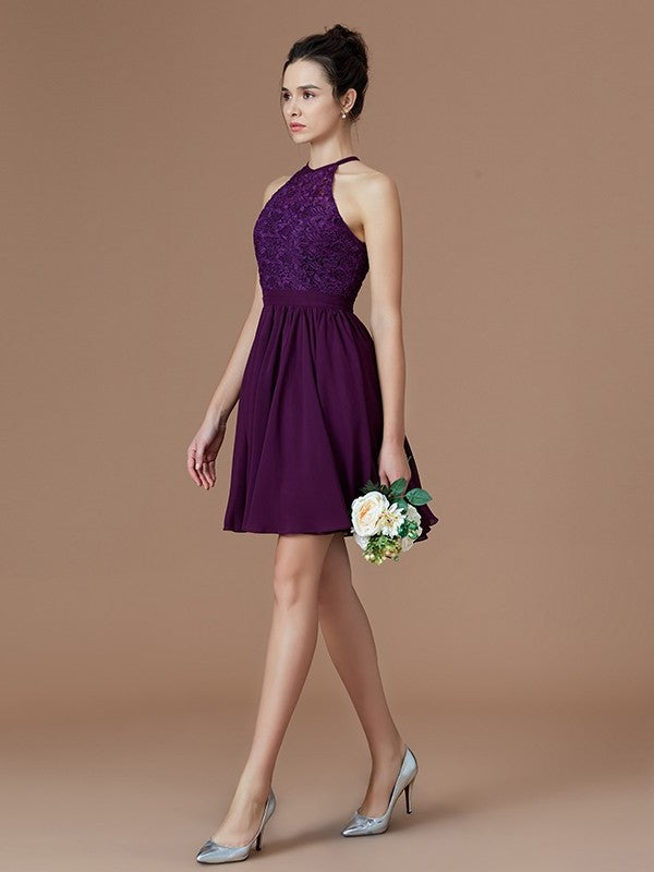 Short/Mini A-Line/Princess Sleeveless Halter Lace Chiffon Bridesmaid Dresses