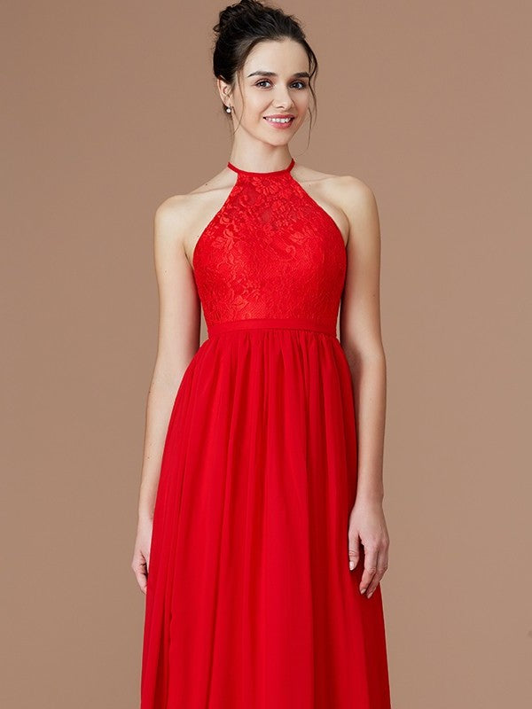 Lace Sleeveless Floor-Length Halter A-Line/Princess Chiffon Bridesmaid Dresses