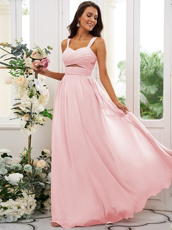 A-Line/Princess Sleeveless Straps Chiffon Ruched Floor-Length Bridesmaid Dresses