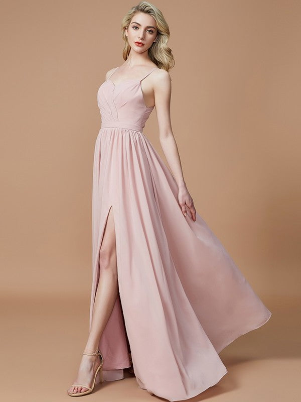 A-Line/Princess Ruched Spaghetti Sleeveless Floor-Length Straps Chiffon Bridesmaid Dresses