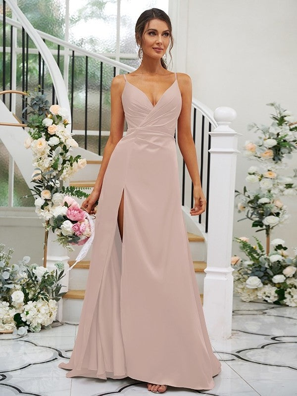 V-neck A-Line/Princess Silk Sleeveless like Satin Ruched Floor-Length Bridesmaid Dresses