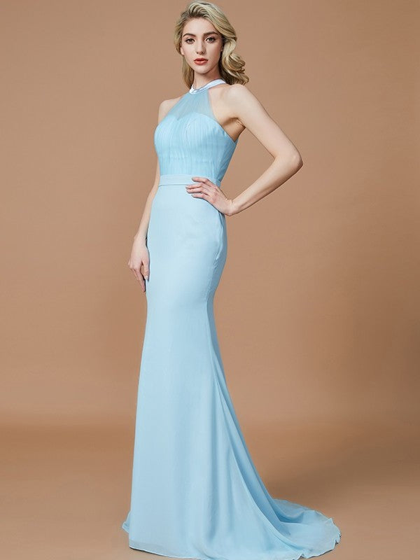 Trumpet/Mermaid Train Sweep/Brush Sleeveless Scoop Chiffon Bridesmaid Dresses