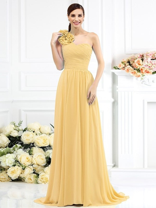 Pleats Long A-Line/Princess One-Shoulder Sleeveless Chiffon Bridesmaid Dresses