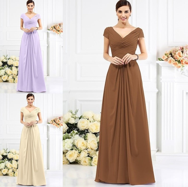 Long Pleats A-Line/Princess Short V-neck Sleeves Chiffon Bridesmaid Dresses