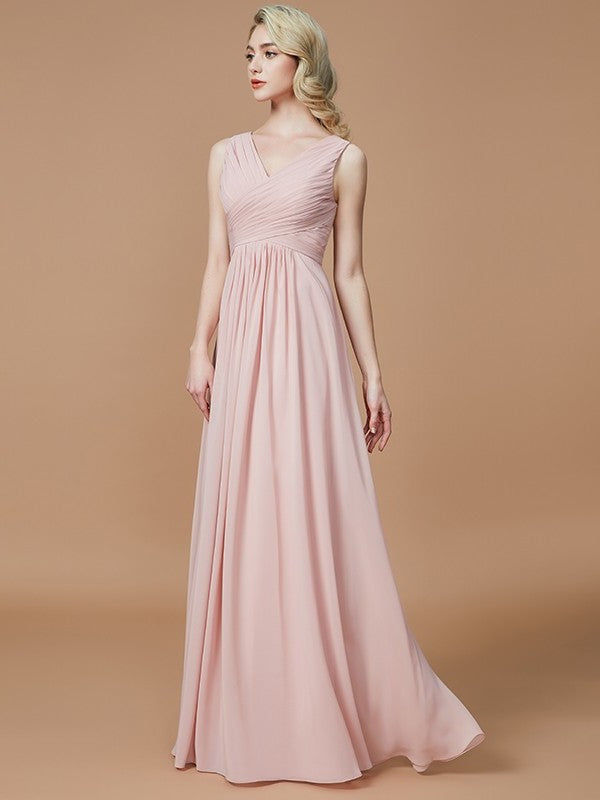 Floor-Length A-Line/Princess V-neck Ruched Sleeveless Chiffon Bridesmaid Dresses