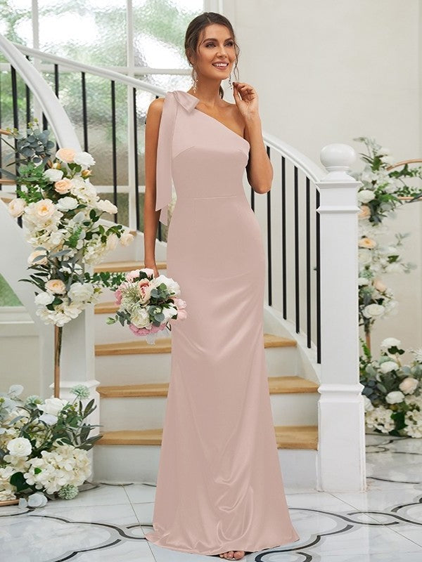 Satin Bowknot Sheath/Column Sleeveless One-Shoulder like Silk Floor-Length Bridesmaid Dresses