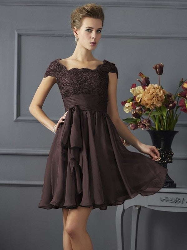 Sleeves Scoop A-Line/Princess Lace Short Short Chiffon Bridesmaid Dresses