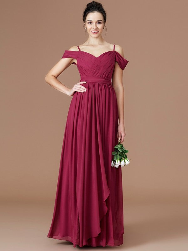 A-Line/Princess Ruched Off-the-Shoulder Sleeveless Floor-Length Chiffon Bridesmaid Dresses