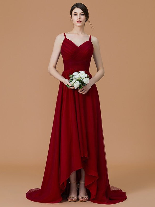 Ruffles Sleeveless Asymmetrical Spaghetti A-Line/Princess Straps Chiffon Bridesmaid Dresses