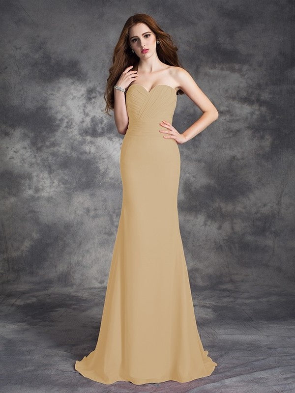 Sleeveless Ruched Trumpet/Mermaid Long Sweetheart Chiffon Bridesmaid Dresses