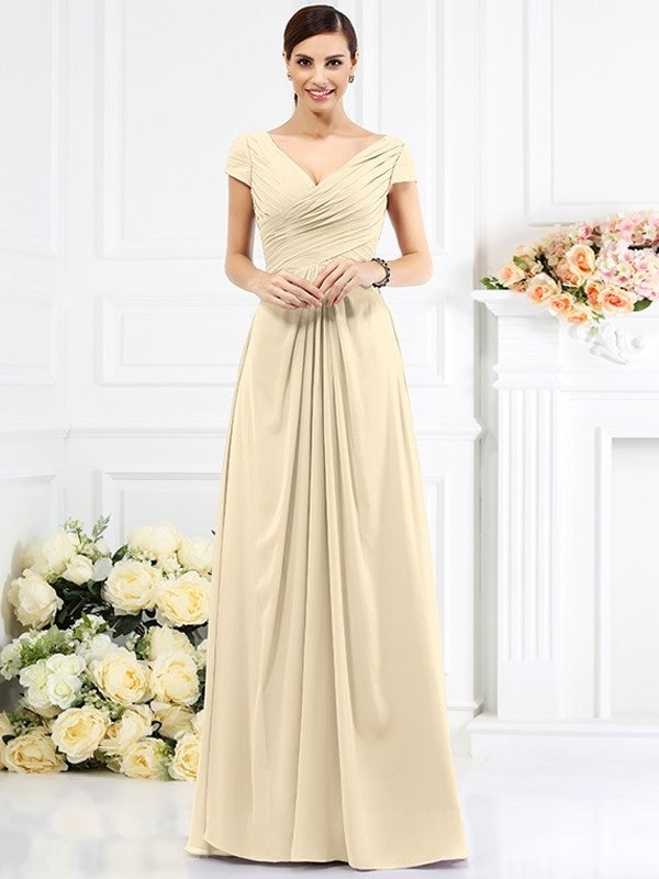 Long Pleats A-Line/Princess Short V-neck Sleeves Chiffon Bridesmaid Dresses