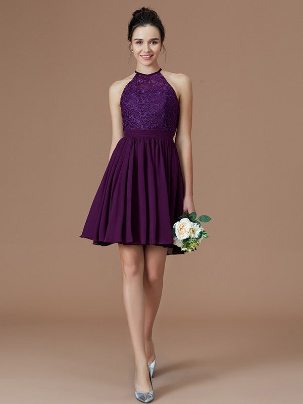 Short/Mini A-Line/Princess Sleeveless Halter Lace Chiffon Bridesmaid Dresses