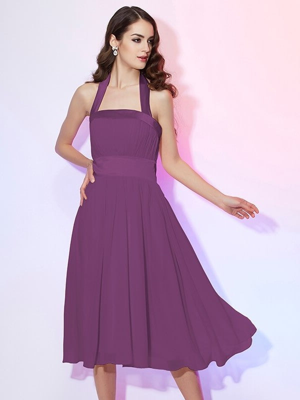 A-Line/Princess Sleeveless Pleats Short Halter Chiffon Bridesmaid Dresses