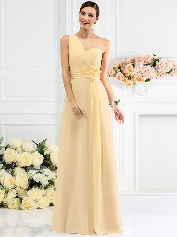 Pleats Sleeveless One-Shoulder Long A-Line/Princess Chiffon Bridesmaid Dresses