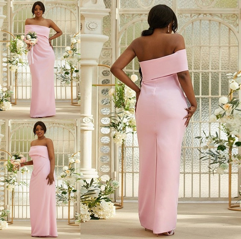 Sleeveless Sheath/Column Crepe Stretch Ruched One-Shoulder Floor-Length Bridesmaid Dresses