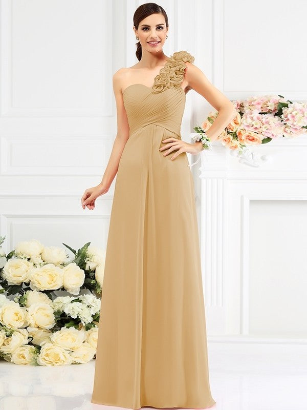 Sleeveless Long Hand-Made A-Line/Princess Flower One-Shoulder Chiffon Bridesmaid Dresses