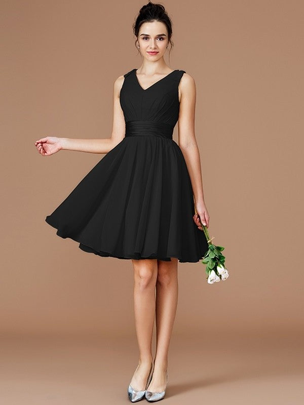 A-Line/Princess Sash/Ribbon/Belt Short/Mini Sleeveless V-neck Chiffon Bridesmaid Dresses