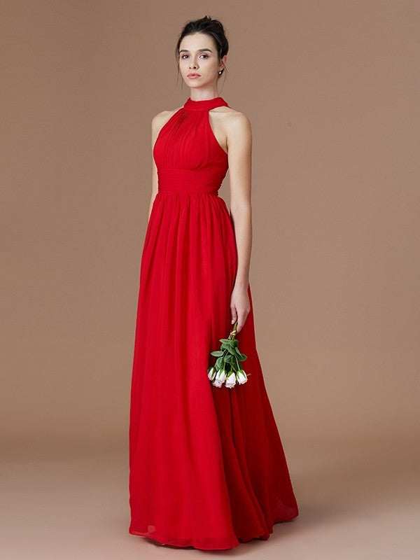 A-Line/Princess Halter Sleeveless Floor-Length Ruched Chiffon Bridesmaid Dresses