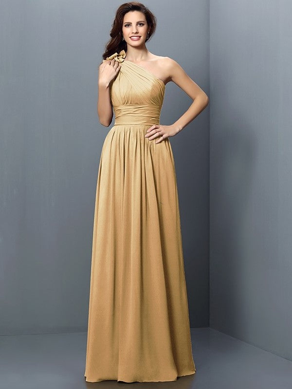 Sleeveless A-Line/Princess One-Shoulder Long Pleats Chiffon Bridesmaid Dresses