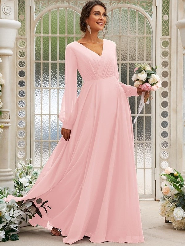 Chiffon Ruched Long V-neck Sleeves A-Line/Princess Floor-Length Bridesmaid Dresses