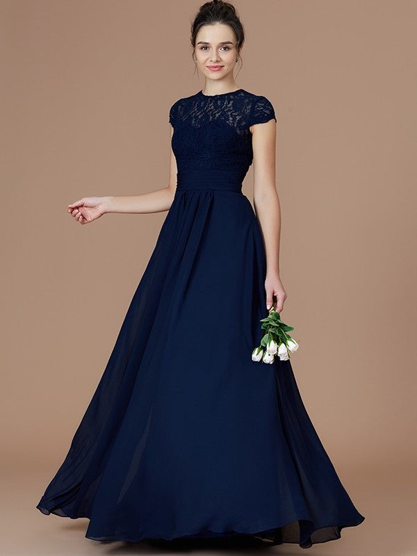 Floor-Length Sleeves Lace A-Line/Princess Short Jewel Chiffon Bridesmaid Dresses